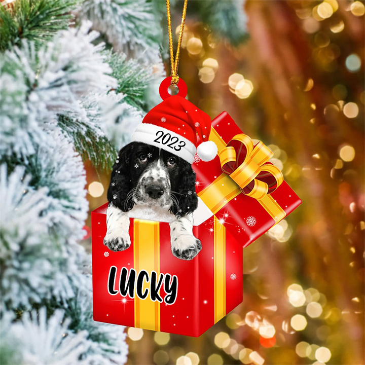 Customized English Springer Spaniel In Red Gift Box Acrylic Ornament, Christmas Gift Ornament For Dog Lovers, Pet Lovers