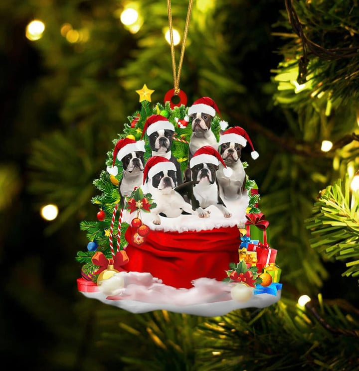 Boston Terrier Dogs In Red Gift Bag Acrylic Ornament, Christmas Gift For Dog Lovers, Dog Mom