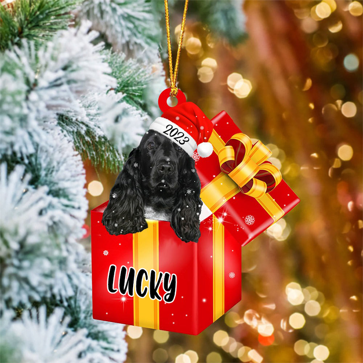 Personalized English Cocker Spaniel In Red Gift Box Acrylic Ornament Christmas Gift Ornament For Dog Lovers, Pet Lovers