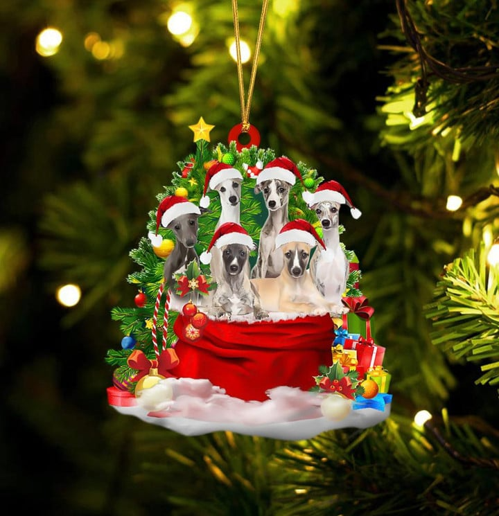 Whippet Dogs In Red Gift Bag Acrylic Ornament, Christmas Gift For Dog Lovers, Dog Mom