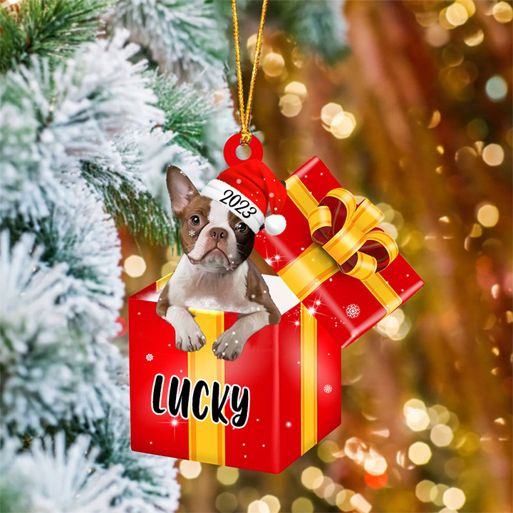 Personalized Boston Terrier In Red Gift Box Acrylic Ornament Christmas Gift Ornament For Dog Lovers, Pet Lovers