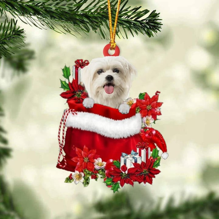 Personalized Maltese Dog In Red Gift Bag Acrylic Ornament, Custom Christmas Gift For Dog Lovers, Dog Mom