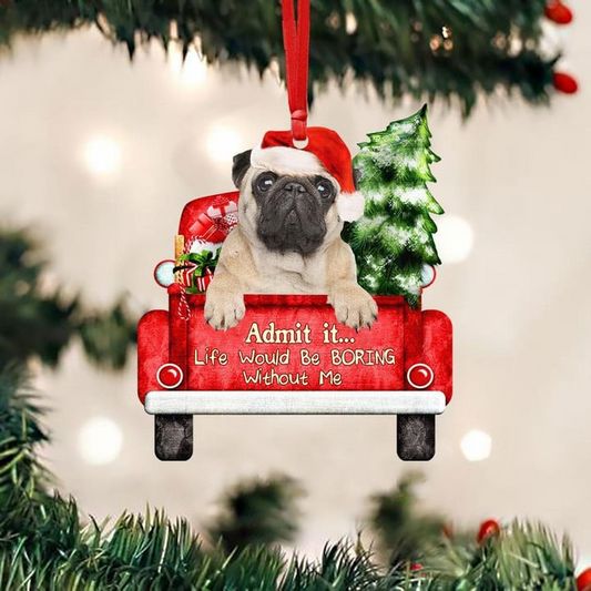 Customized Pug On The Red Truck Acrylic Christmas Ornament, Christmas Gift For Dog Lovers, Dog Owners