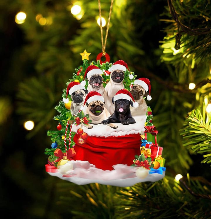 Pug Dogs In Red Gift Bag Acrylic Ornament, Christmas Gift For Dog Lovers, Dog Mom