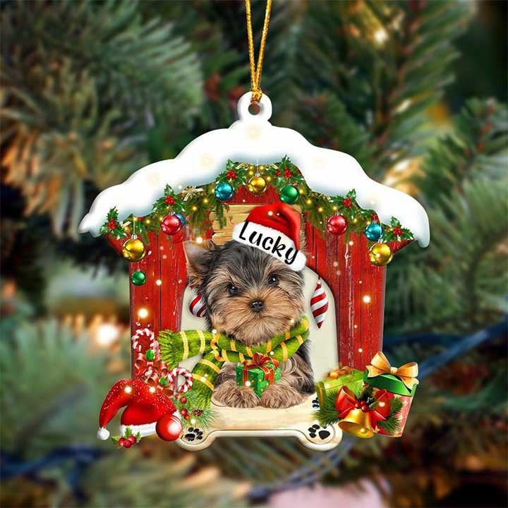 Customized Name Yorkshire Terrier In Red Wood House Acrylic Ornament Christmas Gift For Dog Lovers, Dog Mom