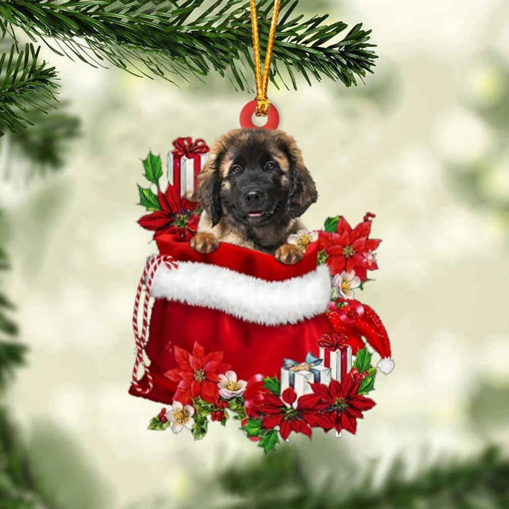 Customized Leonberger In Red Gift Bag Acrylic Ornament, Christmas Gift For Dog Lovers, Dog Mom