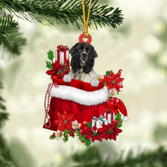 Personalized Newfoundland Dog In Red Gift Bag Acrylic Ornament, Custom Christmas Gift For Dog Lovers, Dog Mom