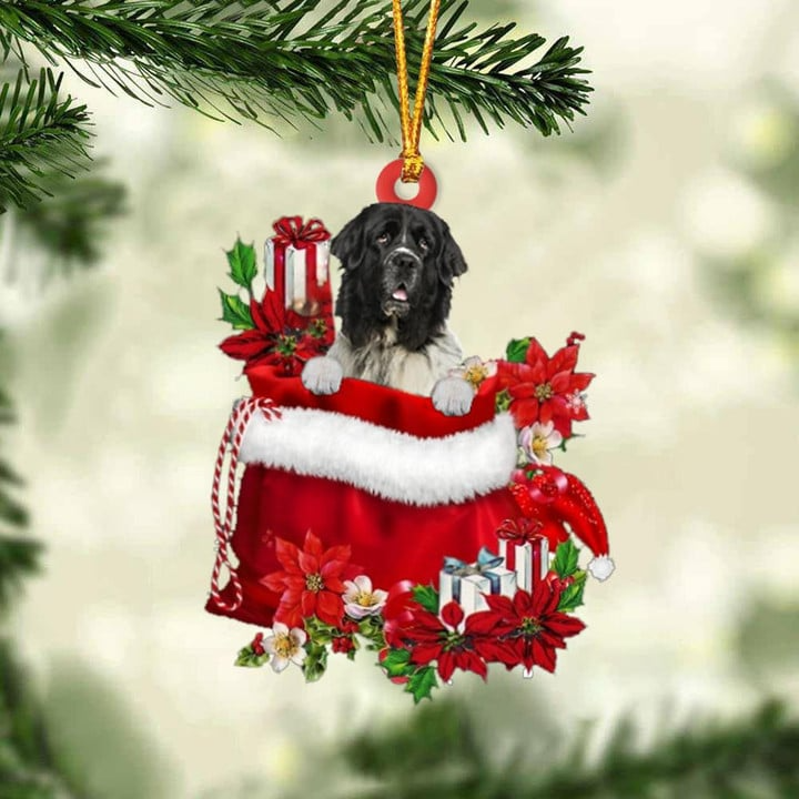 Personalized Newfoundland Dog In Red Gift Bag Acrylic Ornament, Custom Christmas Gift For Dog Lovers, Dog Mom