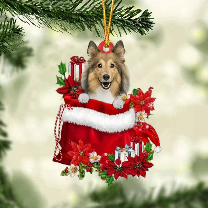 Customized Shetland Sheepdog Dog In Red Gift Bag Acrylic Ornament, Christmas Gift For Dog Lovers, Dog Mom