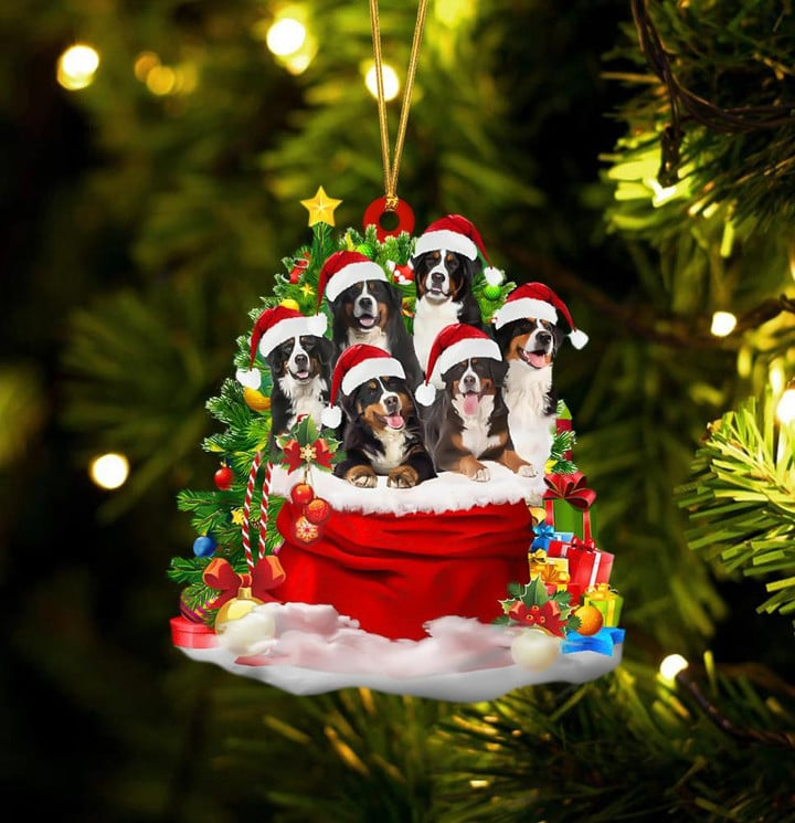 Bernese Mountain Dogs In Red Gift Bag Acrylic Ornament, Christmas Gift For Dog Lovers, Dog Mom