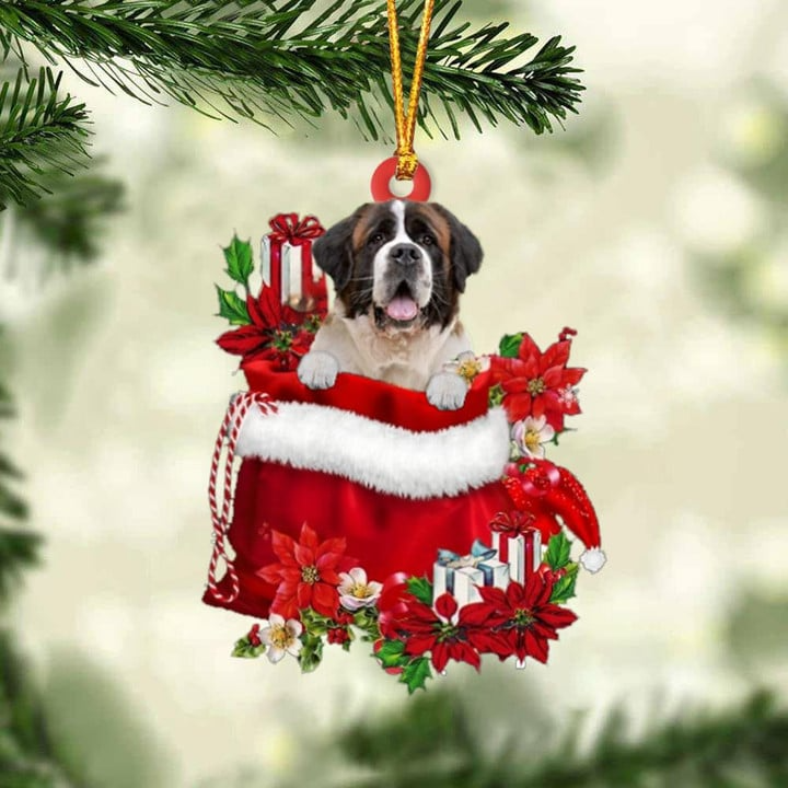 Customized St Bernard In Red Gift Bag Acrylic Ornament, Personalized Christmas Gift For Dog Lovers, Dog Mom