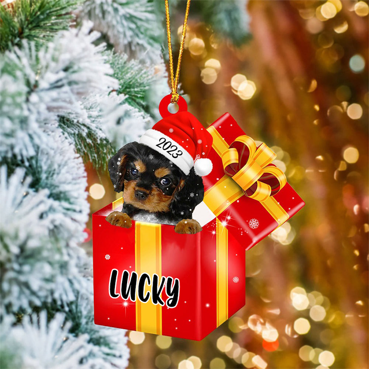 Personalized Cavalier King Charles Spaniel In Red Gift Box Acrylic Ornament, Christmas Gift Ornament For Dog Lovers, Pet Lovers