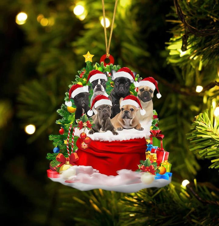 French Bulldog Dogs In Red Gift Bag Acrylic Ornament, Christmas Gift For Dog Lovers, Dog Mom