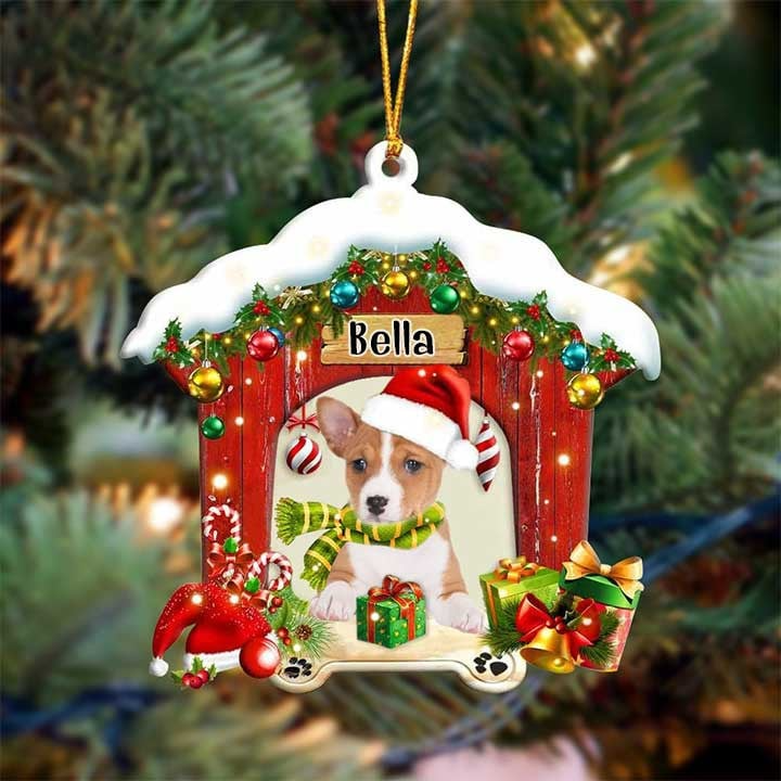 Customized Name Basenji In Red Wood House Acrylic Ornament Christmas Gift For Dog Lovers, Dog Mom