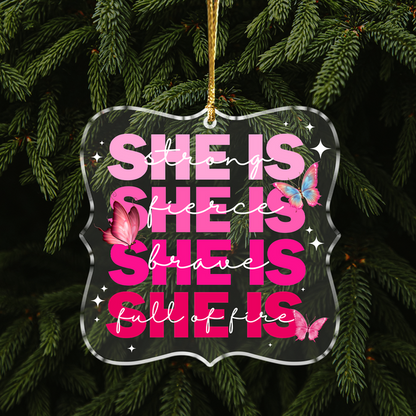 She Is Strong Pink Butterflies Christian Acrylic Ornament, Perfect Christmas Gift For Family, Friends, Holiday Decor