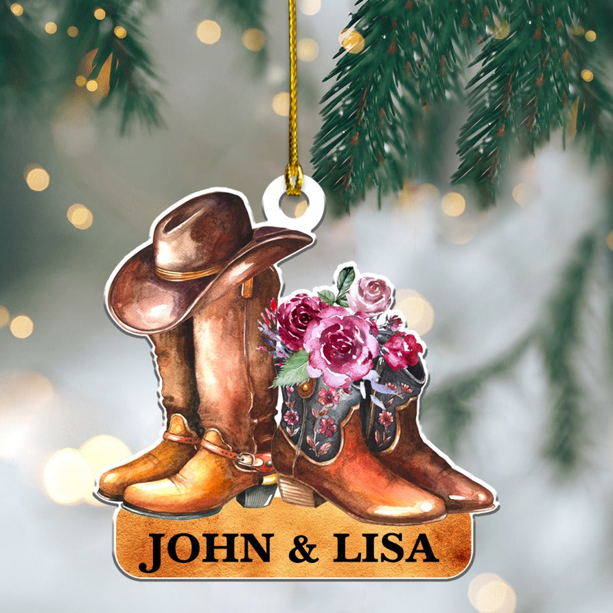 Customized Cowboy Couple Flower Christmas Acrylic Ornament - Christmas Gift For Couple, Lovers