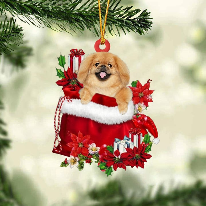 Customized Pekingese In Red Gift Bag Acrylic Ornament, Personalized Christmas Gift For Dog Lovers, Dog Mom