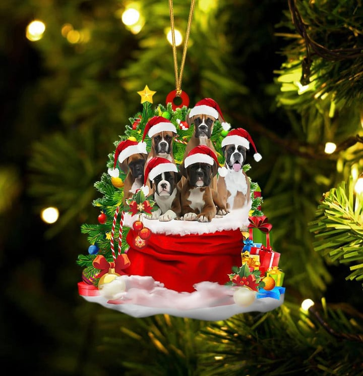 Boxer Dogs In Red Gift Bag Acrylic Ornament, Christmas Gift For Dog Lovers, Dog Mom