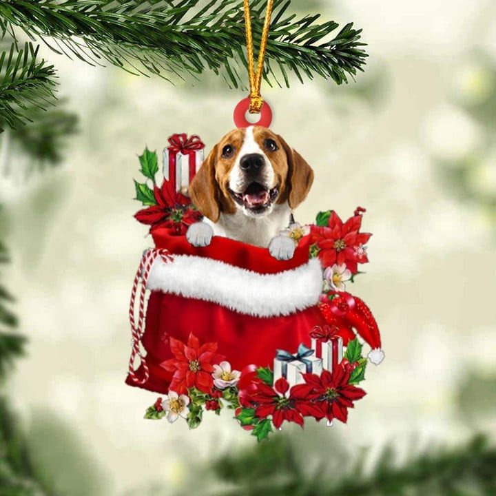 Customized Beagle In Red Gift Bag Acrylic Ornament, Personalized Christmas Gift For Dog Lovers, Dog Mom