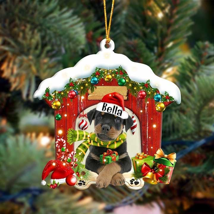 Customized Name Rottweiler In Red Wood House Acrylic Ornament Christmas Gift For Dog Lovers, Dog Mom