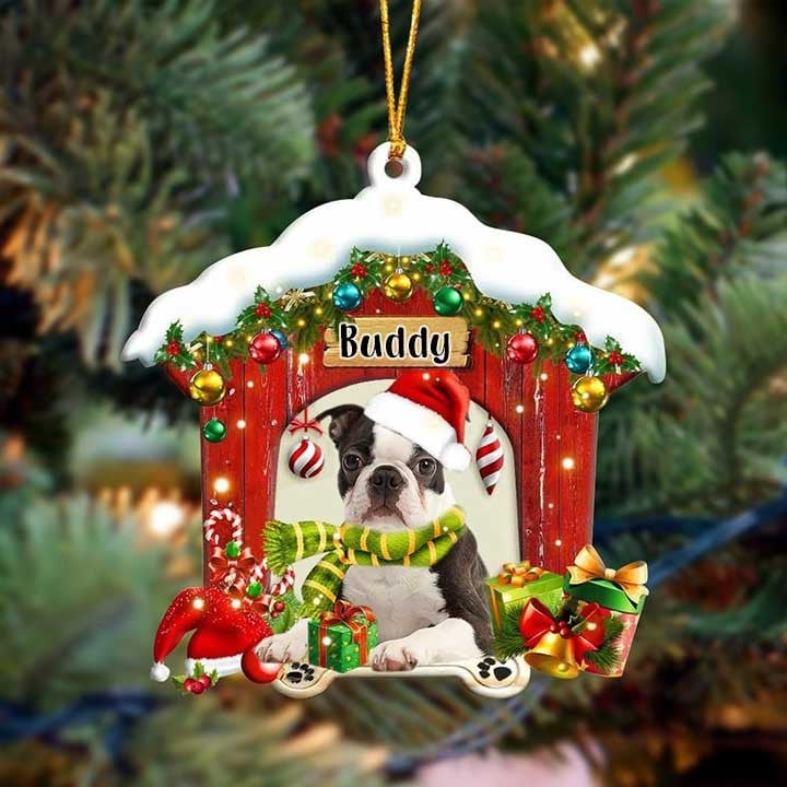 Customized Boston Terrier In Red Wood House Acrylic Ornament Christmas Gift For Dog Lovers, Dog Mom