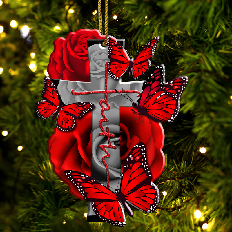 Red Roses Butterflies Faith Cross Acrylic Ornament, Perfect Christmas Gift For Family, Friends, Holiday Decor