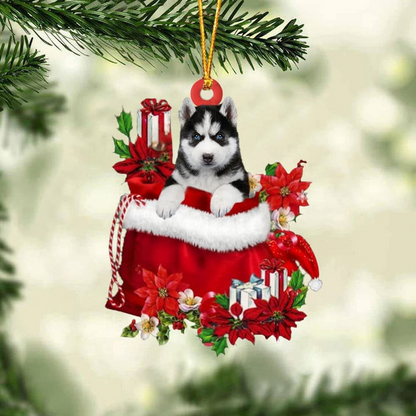 Customized Husky Dog In Red Gift Bag Acrylic Ornament, Christmas Gift For Dog Lovers, Dog Mom