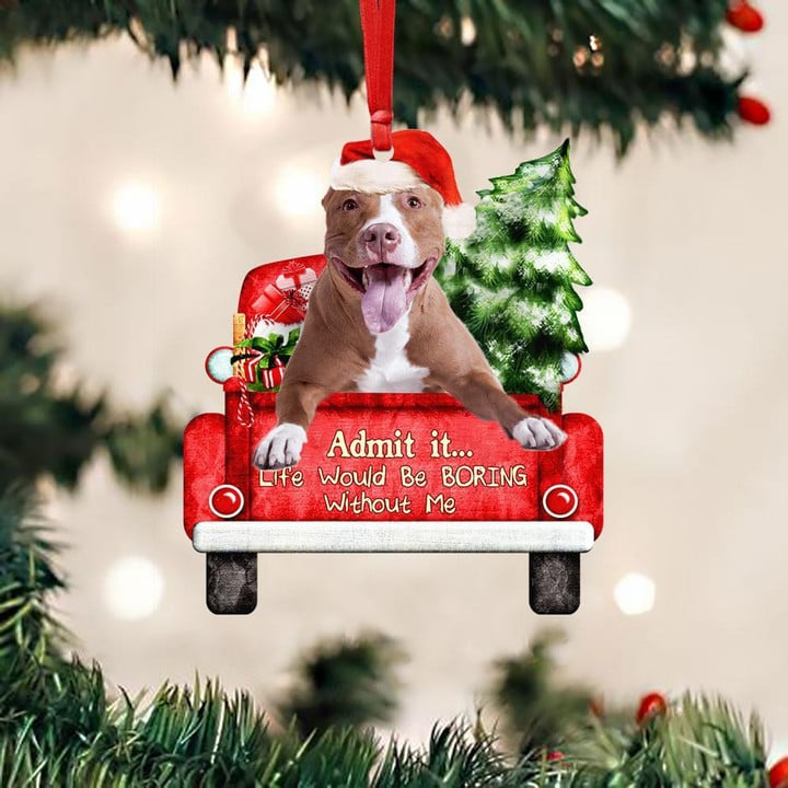 Customized Pit Bull Dog On The Red Truck Acrylic Christmas Ornament, Christmas Gift For Dog Lovers, Dog Owners