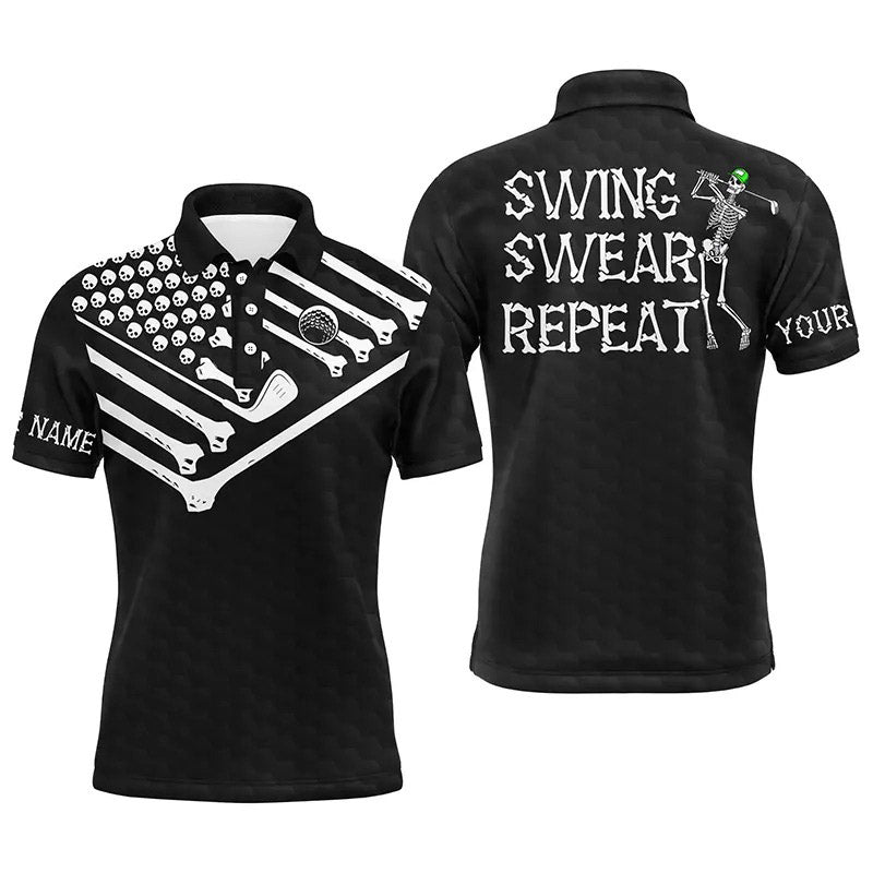 Halloween Golf Men Polo Shirt - Skeleton American Flag Custom Name Black White Apparel - Personalized Gift For Golf Lover, Men - Swing Swear Repeat