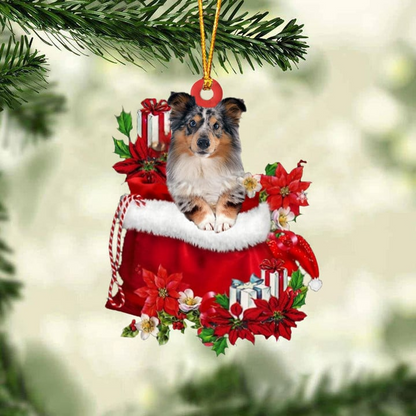 Customized Shetland Sheepdog Dog In Red Gift Bag Acrylic Ornament, Christmas Gift For Dog Lovers, Dog Mom