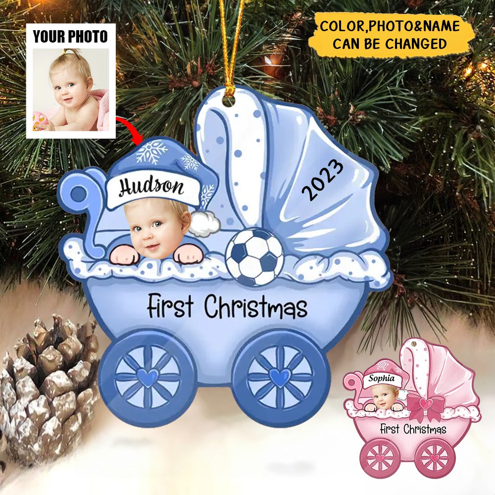 Custom Photo Baby's First Christmas On Carriage Acrylic Ornament, 1st Christmas Ornament Gift For Baby, Mom Dad, Family