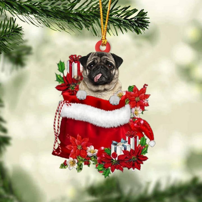 Customized Pug Dog In Red Gift Bag Acrylic Ornament, Personalized Christmas Gift For Dog Lovers, Dog Mom