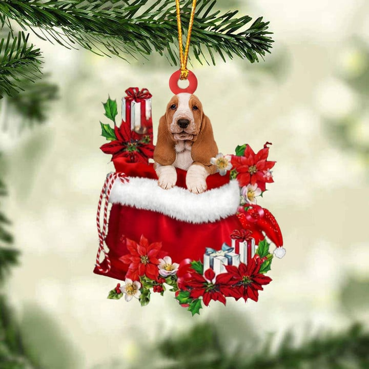 Customized Basset Hound Dog In Red Gift Bag Acrylic Ornament, Christmas Gift For Dog Lovers, Dog Mom