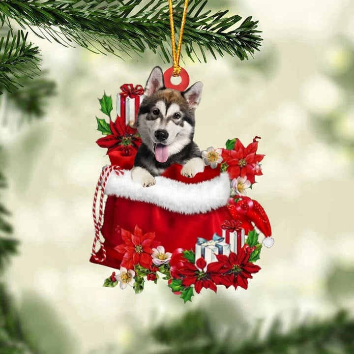 Customized Alaskan Malamute Dog In Red Gift Bag Acrylic Ornament, Christmas Gift For Dog Lovers, Dog Mom