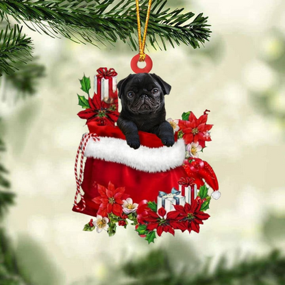 Customized Pug Dog In Red Gift Bag Acrylic Ornament, Personalized Christmas Gift For Dog Lovers, Dog Mom