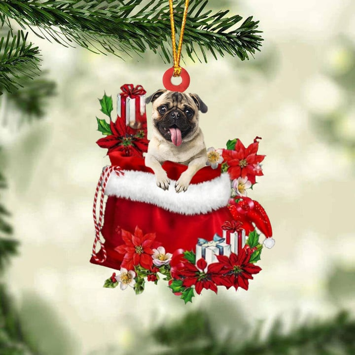 Customized Pug Dog In Red Gift Bag Acrylic Ornament, Personalized Christmas Gift For Dog Lovers, Dog Mom