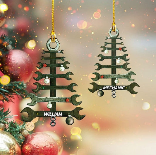 Custom Name Wrench Tree Flat Acrylic Ornament, Custom Christmas Ornament Gift For Mechanic