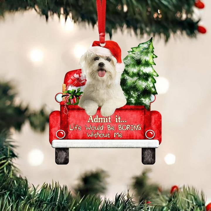 Customized Name & Photo Maltese On The Red Truck Acrylic Christmas Ornament, Christmas Gift For Dog Lovers, Dog Owners