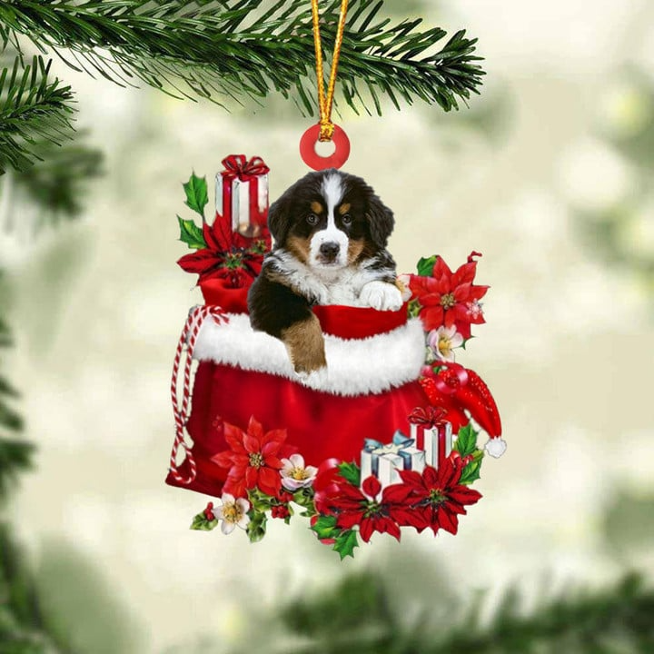 Customized Bernese Mountain Dog In Red Gift Bag Acrylic Ornament, Christmas Gift For Dog Lovers, Dog Mom