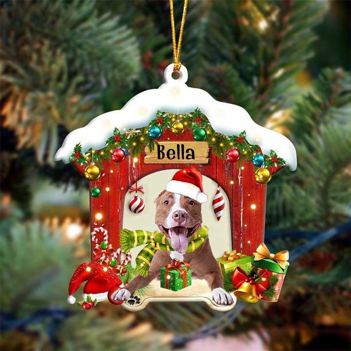 Personalized Pit Bull In Red Wood House Acrylic Ornament Christmas Gift For Dog Lovers, Dog Mom