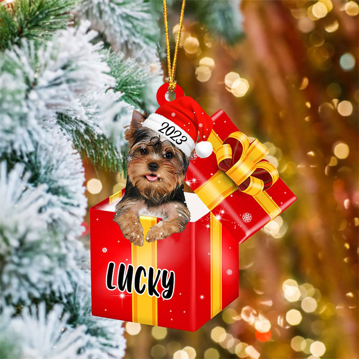 Customized Yorkshire Terrier Dog In Red Gift Box Acrylic Ornament, Personalized Ornament Gifts For Christmas Dog Mom