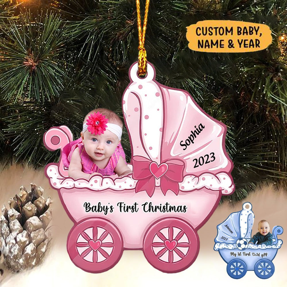 Personalized Baby's First Christmas On Carriage Acrylic Ornament, 1st Christmas Ornament Gift For Baby, Mom Dad, Family