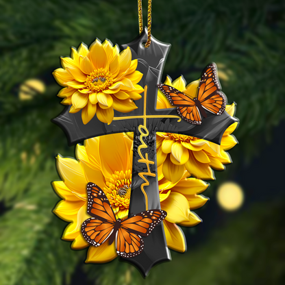 Sunflower Faith Butterfly Christian Cross Faith Acrylic Ornament, Perfect Christmas Gift For Family, Friends, Holiday Decor