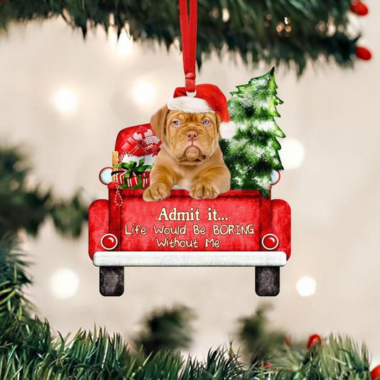 Customized Photo Dogue De Bordeaux On The Red Truck Acrylic Christmas Ornament, Christmas Gift For Dog Lovers, Dog Owners