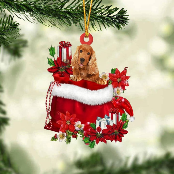 Customized Cocker Spaniel Dog In Red Gift Bag Acrylic Ornament, Christmas Gift For Dog Lovers, Dog Mom