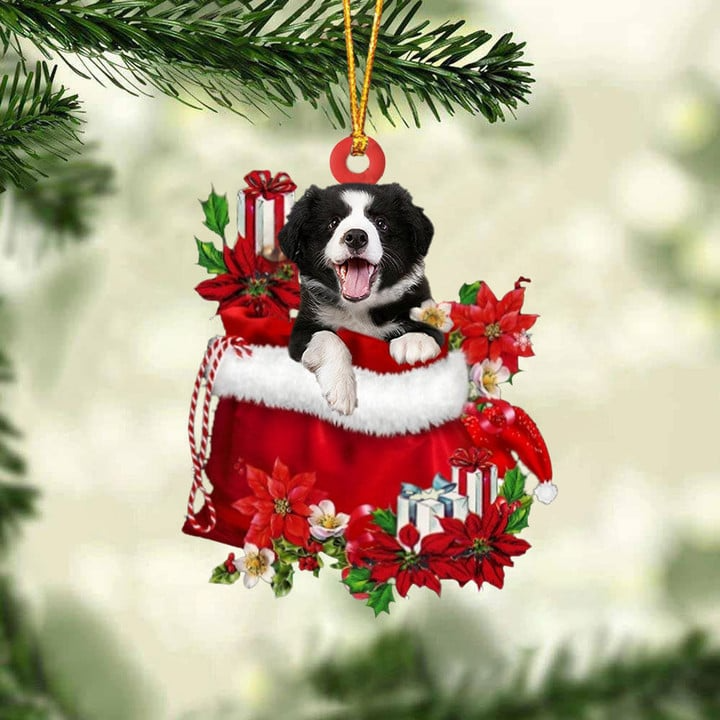 Customized Border Collie Dog In Red Gift Bag Acrylic Ornament, Christmas Gift For Dog Lovers, Dog Mom