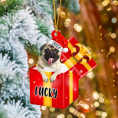 Customized Pug In Red Gift Box Acrylic Ornament, Personalized Ornament Gifts For Christmas Dog Mom