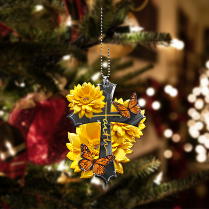 Sunflower Faith Butterfly Christian Cross Faith Acrylic Ornament, Perfect Christmas Gift For Family, Friends, Holiday Decor