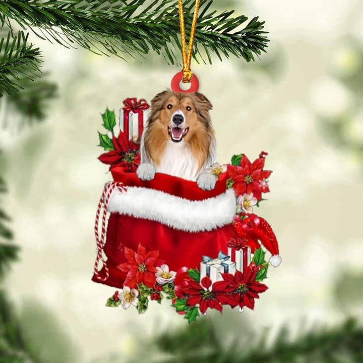 Customized Rough Collie Dog In Red Gift Bag Acrylic Ornament, Christmas Gift For Dog Lovers, Dog Mom