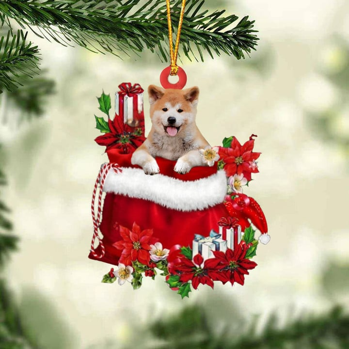 Customized Akita Inu Dog In Red Gift Bag Acrylic Ornament, Christmas Gift For Dog Lovers, Dog Mom